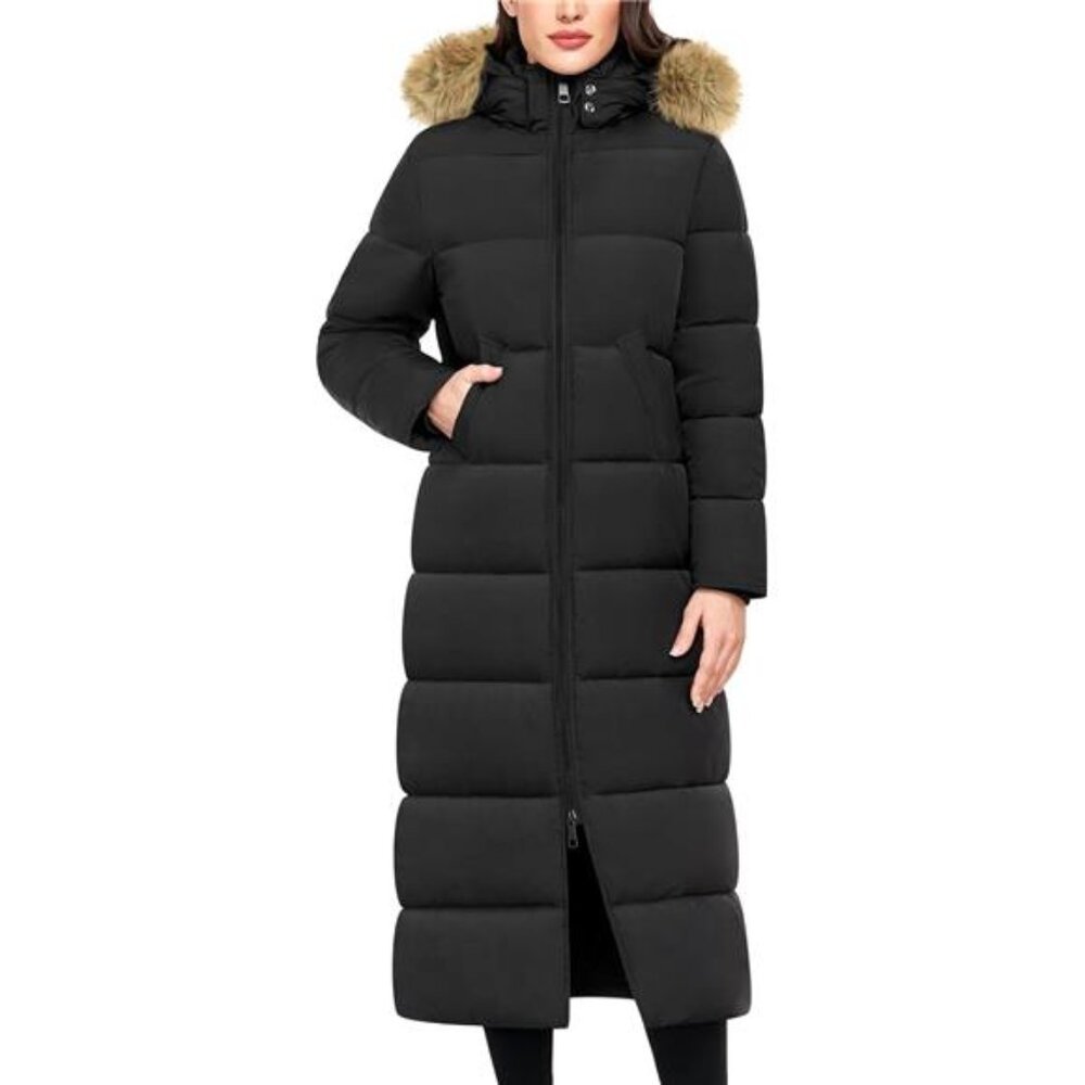 Women's Long Winter Puffer Coat Faux Fur Quilted Jacket with Detachable Hood - Picture 1 of 6